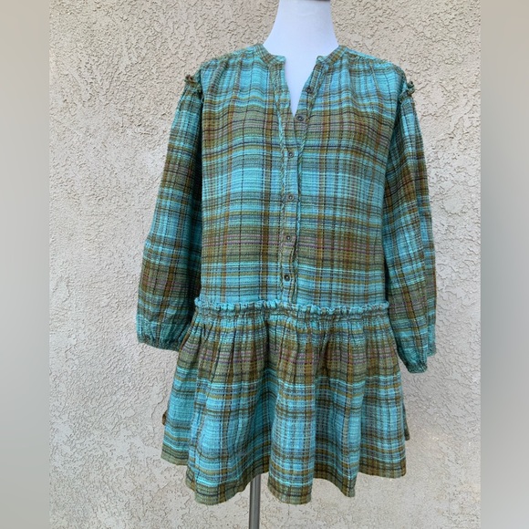 NWOT Free People Alexa Green Plaid Waffle Knit Drop Hem Mini Dress - Picture 2 of 7